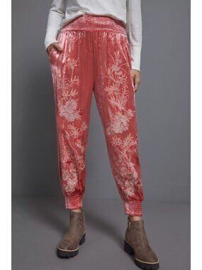 EUC $180 Anthropologie Rosie Embroidered Velour Joggers Pants Coral Pink L